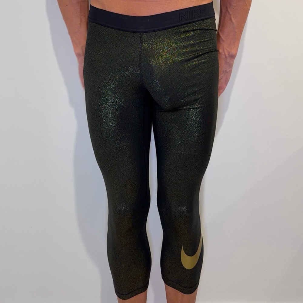 Nike Pro Shiny Cropped Leggings Size S Black Metallic Stretch Activewear